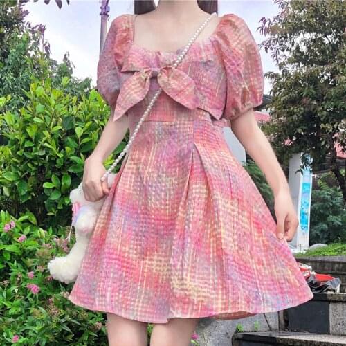 Bow Dress women 2020 New Summer Square Collar Puff Sleeve tea party sweet lolita dress loli fairy kei victorian dress