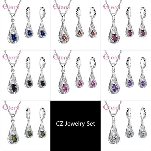 Luxury Austrian Crystal Water Drop Pendant Necklace Earring Set 925 Sterling Silver Drop Earring Jewelry Sets For Women Gift
