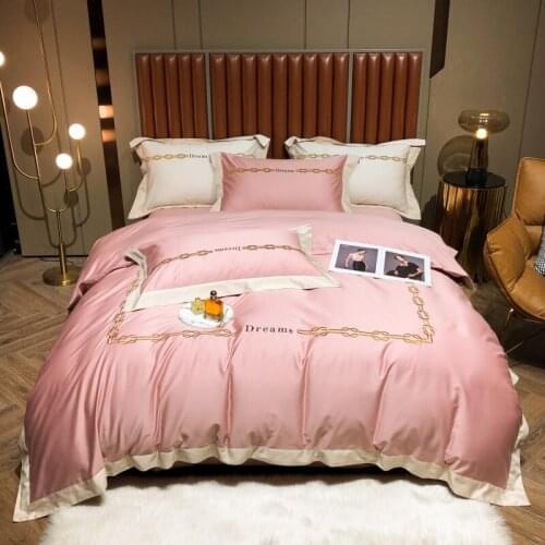 Luxury Pink Satin Embroidery Egyptian Cotton Duvet Cover Bed Linen Fitted Sheet Pillowcases Bedclothes Home Textiles King Queen