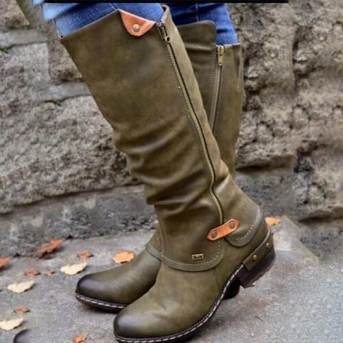 Womens Western Boots Autumn Winter Long Mid Calf Leather Zipper Solid Boots Round Toe Low Heel Snow Warm Boots 2020