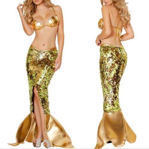 Sexy Womens Glitter Sequin Mermaid Costume Bikini Bra Top Tail Skirt Set