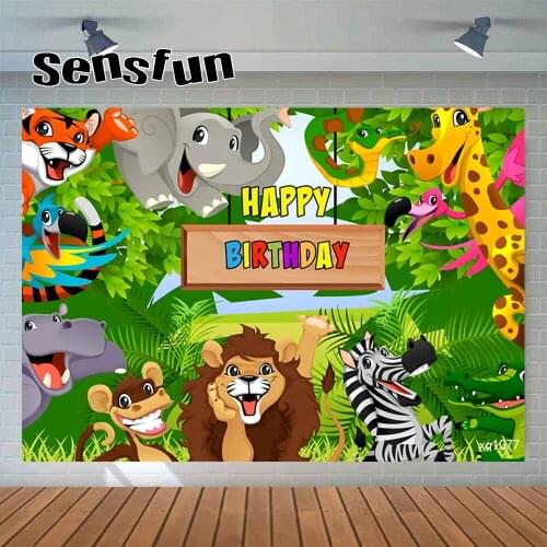 Sensfun Safari Jungle Party Backdrop For Photography Green Leaves Wild Animals Lion Elephant Kids Birthday Party Backgrounds
