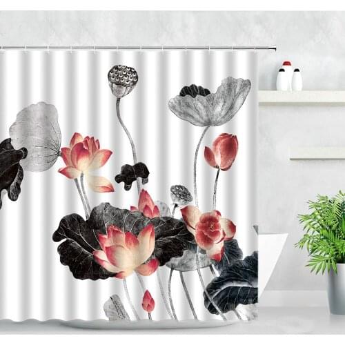 Chinese Style Flowers Shower Curtain Set Pink Lotus Ink Painting Modern Floral Natural Waterproof Fabric Bathroom Decor Curtains