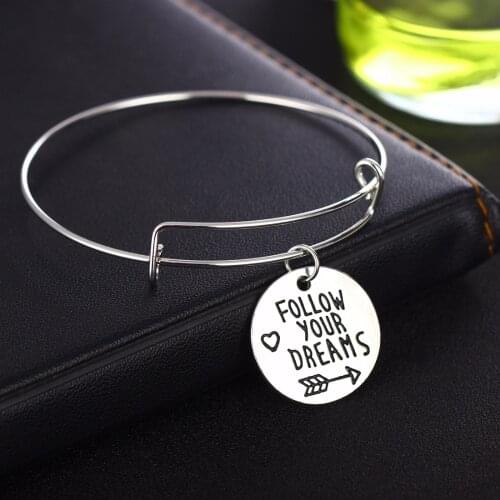 "Follow Your Dreams" Arrow Charm Heart Pendant Expandable Wire Bangle Charm Bracelet Jewelry Gifts For Women Men Presents