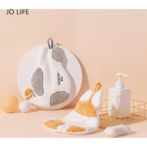 JO LIFE Super Absorbent Hanging Type Cleaning Towel Cat Embroidered Towelette Coral Velvet Hand Towel Bathroom Supplies