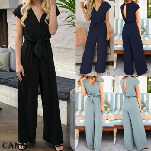 2019 New Women Summer Casual Short Sleeve V Neck Solid Jumpsuit Casual High Waist Loose Simple Jumpsuit