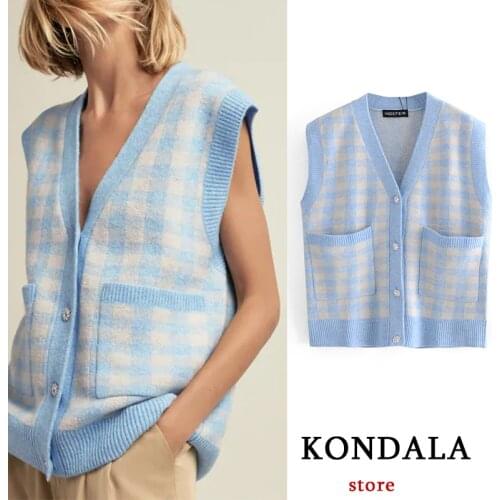 KONDALA Womens Sweater Vest Plaid Print V Neck Pockets Loose Vest Cardigans Vintage Woolen Waistcoat Elegant Mujer Tops