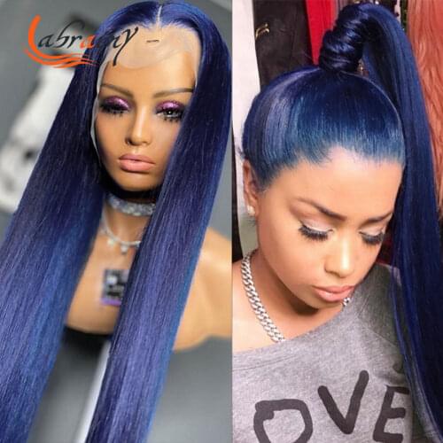 13X6 Lace Frontal Blue Human Hari Wig Full Straight Hd Transparent Lace Front Colored Wigs Pre Plucked Bleached Knots 30 Inch
