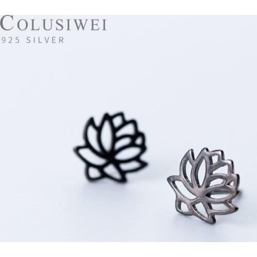 2020 New Arrival 925 Sterling Silver Lotus Flower Stud Earrings for Women Elegant Lotus Fashion Black Earrings Silver Jewelry