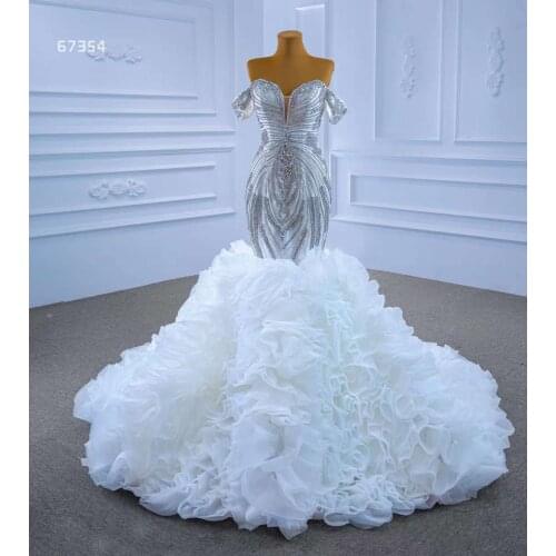 Aolanes Siver Crystal Off the Shoulder Plunging Neckline Cap Sleeve Ruffles Skirt Drop Waist Mermaid Women Bridal Dress