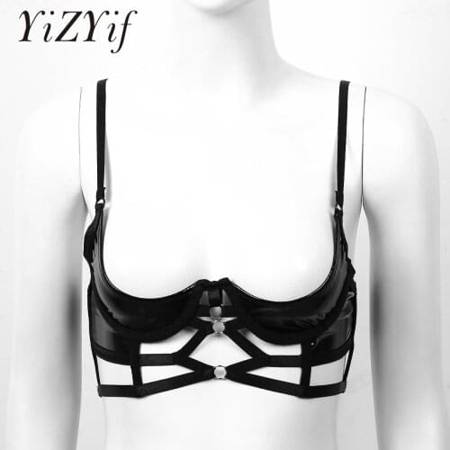Black Womens Lingerie Fashion Wetlook Faux Leather Bra Sexy Underwired Quarter Cup Bra Tops Ladies Exotic Open Bra Couple Gift