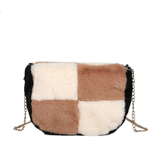 Checkered womens shoulder bag faux fur winter messenger bag high quality 2019 new womens handbag discount shopping bags