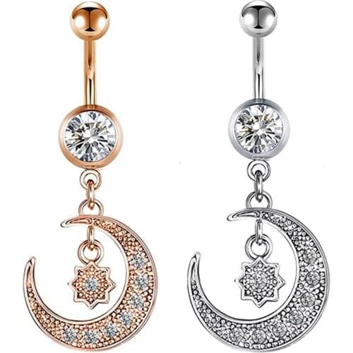 JUNLOWPY Surgical Steel Moon Star Belly Button Ring 14G Belly Ring Body Piercing Sexy Navel Piercing Ring Belly Bar Navel Kit