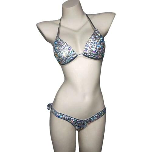 Sexy Silver Rhinestone Bikini Stage Outfit Sets Women Lace Up Crystal Bra + Shorts Nightclub Pole Dance Performance Costumes