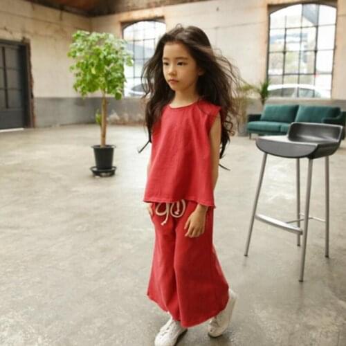 2020 Summer Girls Clothing Sets Baby Toddler Children Clothes Set Kids Solid Sleeveless T-Shirt+Wide Leg Pants 2 Pcs Suit JW3296