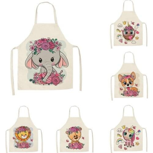 Linen Flower cartoon animals theme Print Kitchen Aprons Unisex Dinner Party Cooking Bib Funny Pinafore Cleaning Apron 55x68cm