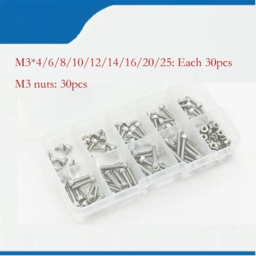 M3 bolt 300pcs/Set M3 Screws m3 bolts Hex Socket round Head Screw Stainless Steel 304 Screw Bolts Assortment In Box Parafuso