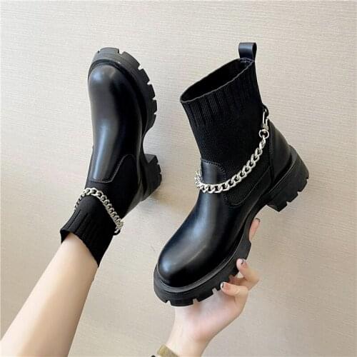 2021 New Fashion Stretch Sock Boots Women Genuine Leather Shoes Chain Cool Punk Casual Shoes Winter Ankle Boots Women