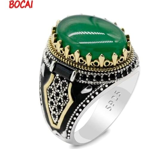 New European and American 925 Silver Green Agate Mens Ring Golden Men