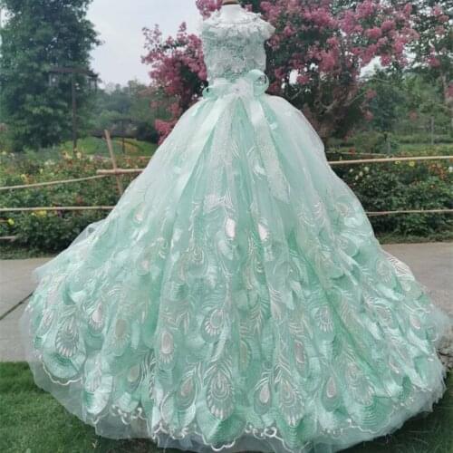 Handmade Dog Clothes Pet Trailing Dress Gown 3D Embroidery Green Peacock Princess Soft Tulle More Layers Poodle Maltese Yorkie