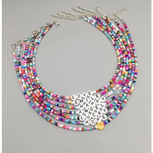 Boho Handmade Diy Seed Bead Necklace Letter Lucky Love Happy Choker Strand Chain Colorful Female Beach Collier Femme Jewelry