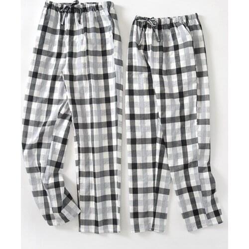 Couple Pajamas Spring and Summer Pure Cotton Double Gauze Korean Pants Men and Women Plaid Home Pants Air Conditioning Pants