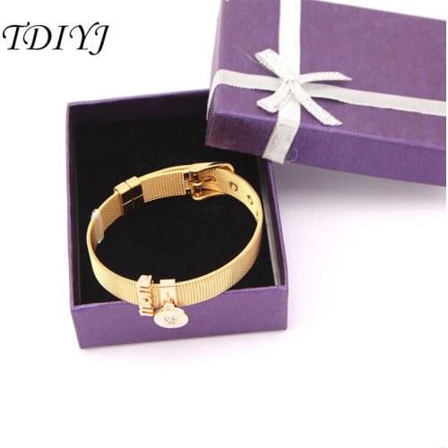 TDIYJ Gift Box Heart Dangle Mom DIY Keeper Charms DIY Stainless Steel Mesh Gold Bracelet For Mothers Day 1Set