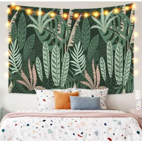 Pink with Green Leaves Tapestry Vintage Exotic Summer Plant Nature Frame for Bedroom Photography Wall Decor