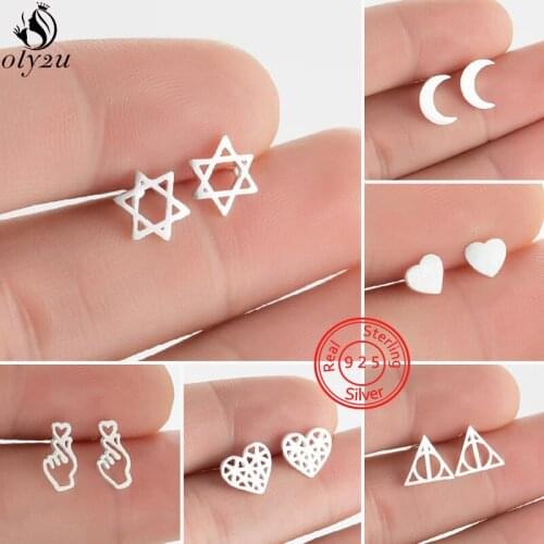 100% 925 Sterling Silver Geometric Stud Earrings for Women Girls Small David Star Earing Heart Moon Earings Korea S925 Bijoux