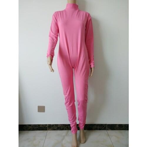 Special price! pink color Sexy Unitard Spandex Lycra women Unitard Catsuit No Hood hands foot back zipper size S-XXXL