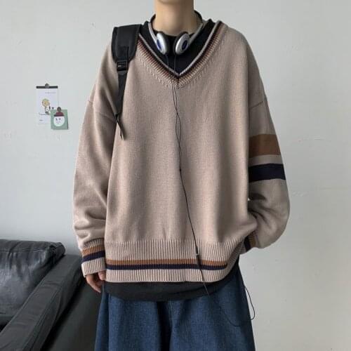 Hong Kong Style V-Neck Sweater mens fashion autumn winter uniform Japanese retro top couple Pullover fall 2021 men sweater