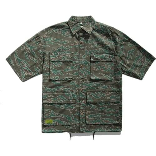 Outdoor Tiger Pattern Shirt American Cargo T-Shirt Summer Camo Short Sleeve Loose 3/4 Men Sreetwear Lapel