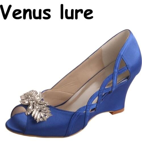 Crystal Satin Wedge Dress Shoes in Royal Blue Color Bridesmaid Party Shoes