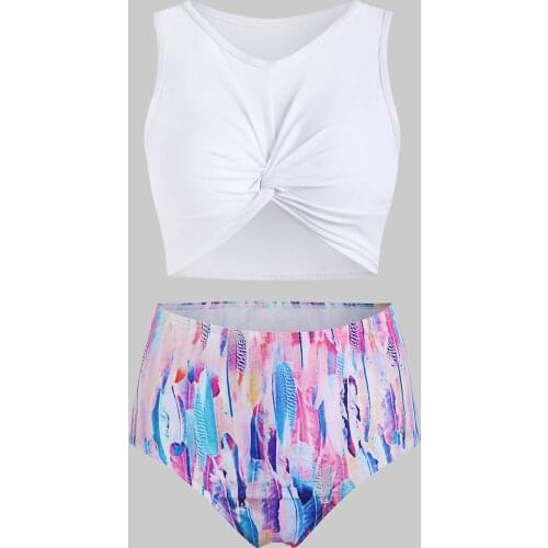 Wipalo 3XL Feather Print Bikini Women Swimwear Push Up Swimsuit High Waist Biquini Scoop Neck Padded Tankini Set Beach Wear