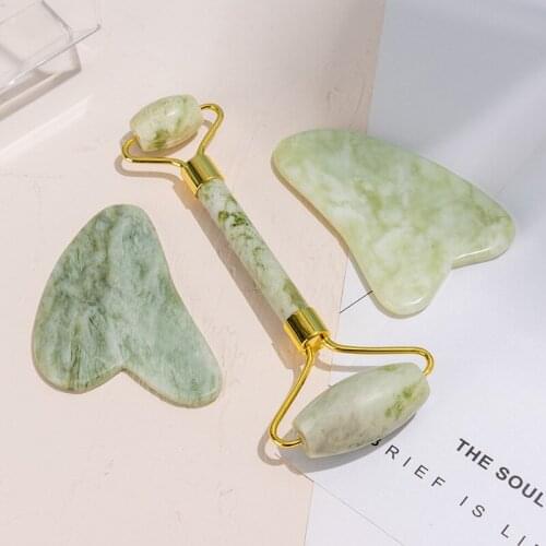 Green Jade Roller and Gua Sha Scraping Massage Tool Set for Face and Body