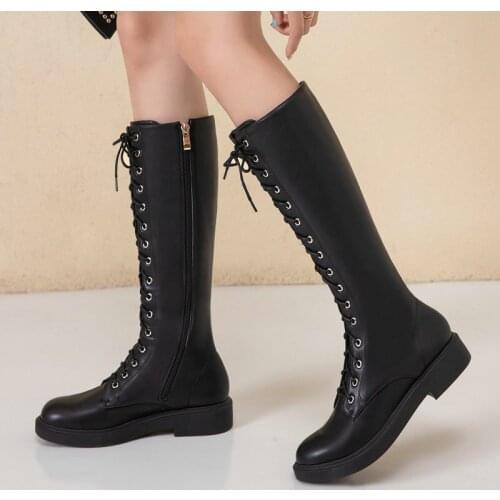 2020 Women Boots Fashion Lace Up Motorcycle boots soft Pu Low Heel Knee High Boots Autumn Wintre Zipper Long Boots Ladies Shoes