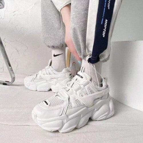 2021 White Platform Sneakers Women Shoes Casual Lace Up Thick Sole Shoes Woman Black Chunky Sneakers Leather Vulcanize Shoes