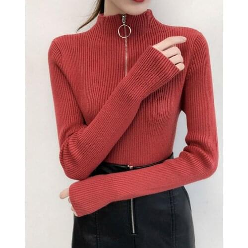 Turtleneck Autumn winter sweater womens half high neck zipper slim fit, long sleeved sweater, sweater and top