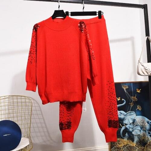 Autumn Ladies Knit Tracksuit Outfits Fashion Long Sleeve Sequins Knitwear + Casual Little Feet Two Piece set Women Tide H1654