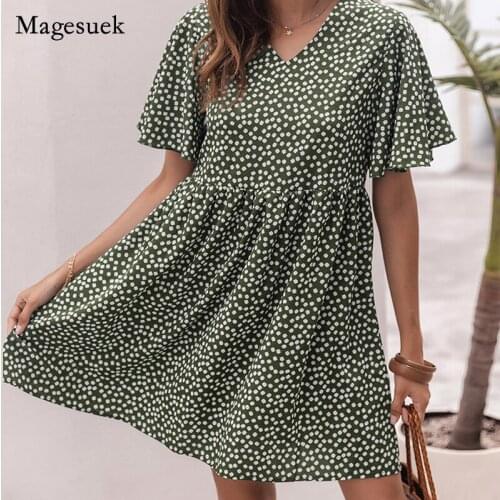 2021 Fashion Summer Women Maxi Dress Loose High Waist Green Women Dress V-neck Print Wave Point Short Sleeve Dress Vestido 15086