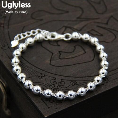 Uglyless Real S 925 Sterling Silver Handmade Beads Bracelets Unisex Simple Fashion Glossy Beading Bracelet 3 Sizes Fine Jewelry