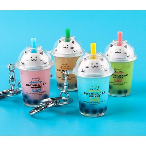 Cartoon Cute Cat Keychain Milk Tea Cup Liquid Quicksand Sequin Key Ring Charm Bag Car Pendant Key Chain