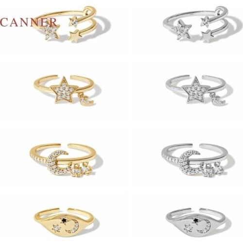 CANNER 925 Sterling Silver Ring Pentagram Moon Simple Luxury Fine Jewelry Adjustable Rings For Women Rings Anillos Bague Bijoux