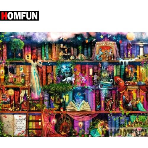 HOMFUN 3D Diamond Painting "bookshelf" DIY Full Rhinestones Drill Cross-stitch Kits Square Round Diamond Embroidery A02139