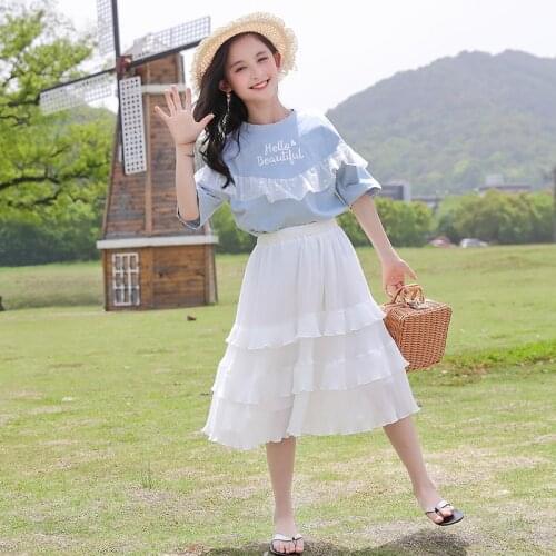 2021 Summer Girls Set Boutique Kids Clothing Sets Girl Clothes Children Tops Shirt and Mesh Skirts 2 Pcs Suits 6 8 10 12 14 16Y