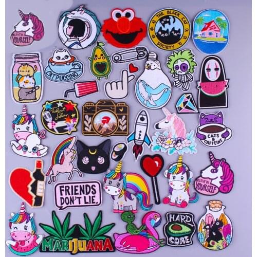 Cartoon Unicorn Cat Animal Patches On Clothes Embroidered Patches For Clothing DIY Leaf Camera Alien Badge Stripes Stickers Iron