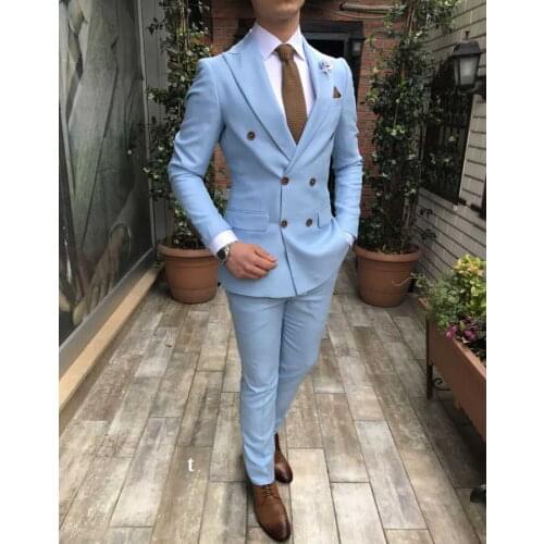 Slim Fit Groomsmen Baby Blue Groom Tuxedos Peak Lapel Men Suits Best Man 2 pieces Wedding Suit ( Jacket+Pants+Tie ) C619