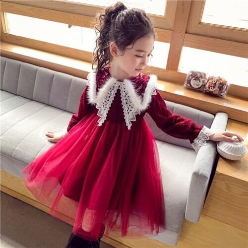 2021 New Teens Girls Red Xmas Dress for Children Fur Collor Velvet Tulle Dress Long Sleeve New Year Costume