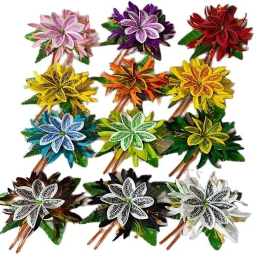 MIXED COLOR Free Shipping 60pcs/Lot HC00059 12Color Foam Tiare Hair Stick W Velvet Spide Lily&Fern Leaves Hawaii Tropical Hula