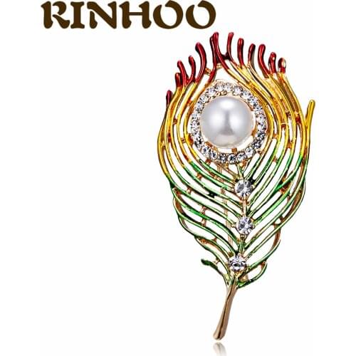 RINHOO Luxury Multicolor Feather Shape Hollow Flower Pearl Brooch For Women Cubic Zirconia Plant Brooch Vintage Jewelry Gift
